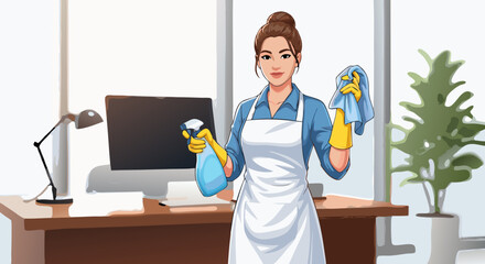 A professional cleaner in an office environment wearing a blue shirt, white apron, and yellow gloves, holding a spray bottle and a microfiber cloth, ready to clean the workspace