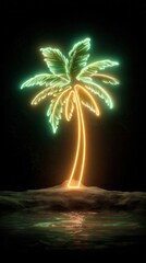 Vibrant neon palm tree glowing on a dark tropical island with reflective water surface