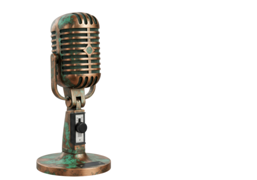 Isolated microphone on stand, vintage-style audio equipment with weathered copper finish