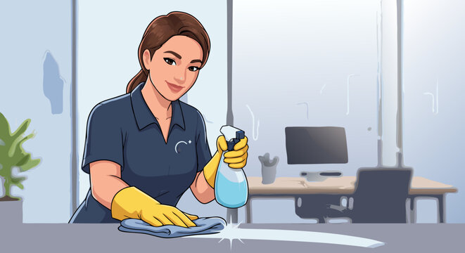 Professional cleaning service worker woman with spray bottle and cloth cleaning desk in an office environment, hygiene and tidiness