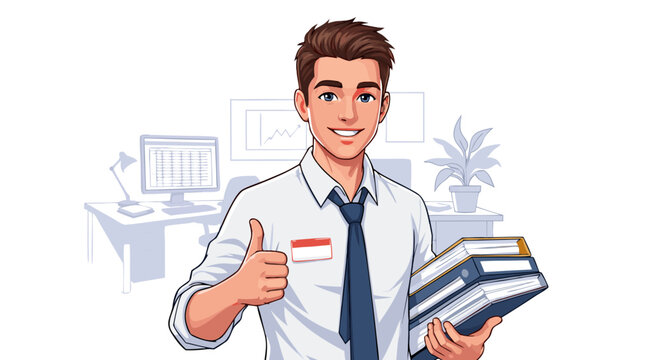 Happy businessman giving thumbs up and holding stack of books in office, illustration for success, knowledge and education concept
