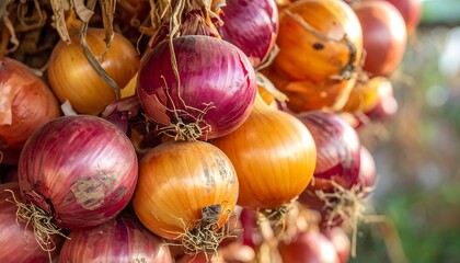 Bunches of colorful onions hanging