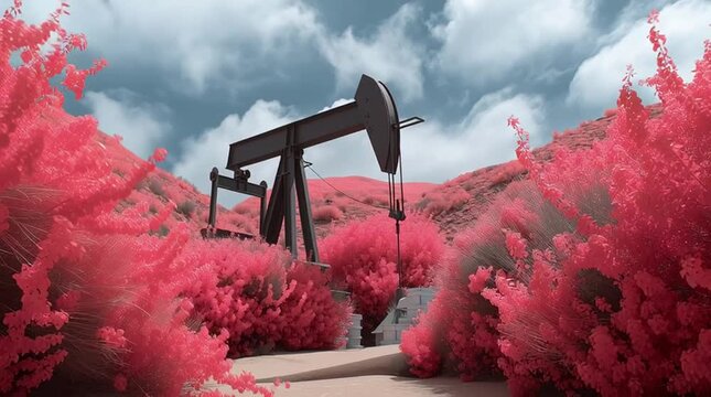 Oil pumpjack operating in surreal pink landscape with vibrant foliage under dramatic cloudy sky