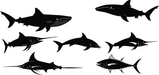 Silhouettes of diverse marine animals including a whale, shark, dolphin, marlin, and tuna, for an aquatic, ocean, and wildlife concept, black and white