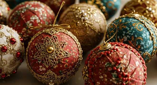 Luxurious handmade Christmas ornaments featuring fabric, gold lace, intricate beadwork, and rich colors. - Powered by Adobe