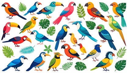 Obraz premium Colorful tropical birds and leaves
