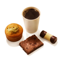 Fresh brewed coffee with brownie muffin and a dessert roll