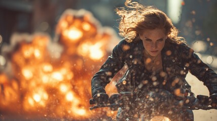 Dramatic female biker speeding away from a fiery urban explosion in a leather jacket, evoking adrenaline and cinematic danger