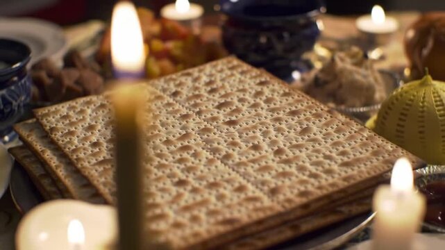 Stack of matzah on a table with candles and food