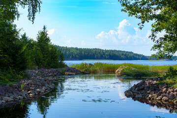 Calm inlet with trees and rocks leading to lake on summer day