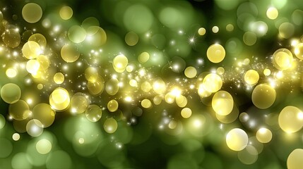 Soft, blurred lights in various shades of green and gold create a warm and inviting ambiance, evoking a sense of wonder and tranquility