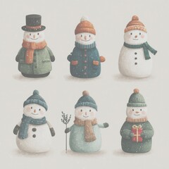 Whimsical snowmen in winter attire celebrate the holiday season with joy and cheer in a snowy landscape - Low Contrast