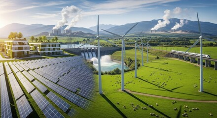 Sustainable energy powering nature solar panels and industrial landscape meeting