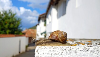 Snail on a wall, sunny day
