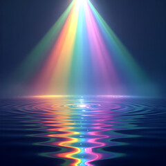 "Radiant rainbow-colored light beam shining onto rippling water surface with mirrored reflections on a dark blue background, creating a serene and luminous abstract scene"