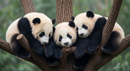 Obraz premium Three Pandas Relaxing in a Tree.