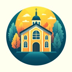 Charming church standing amidst trees during sunset in a serene landscape