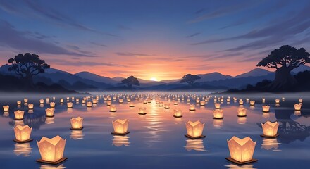 Peaceful Floating Lanterns at Sunset.