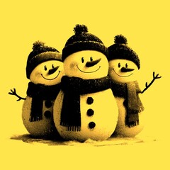 Three cheerful snowmen in winter hats and scarves enjoying a snowy day together