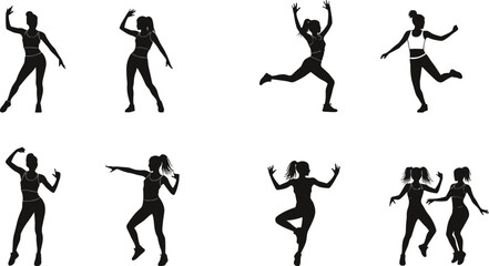 Silhouettes of female fitness dancers in dynamic poses, including aerobics, Zumba, and hip-hop, perfect for health, studio, and workout themes