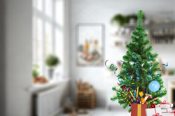 Decorated Christmas tree and room background