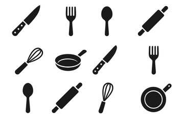 Silhouette kitchen utensils: knife, fork, spoon, whisk, pan, rolling pin icons