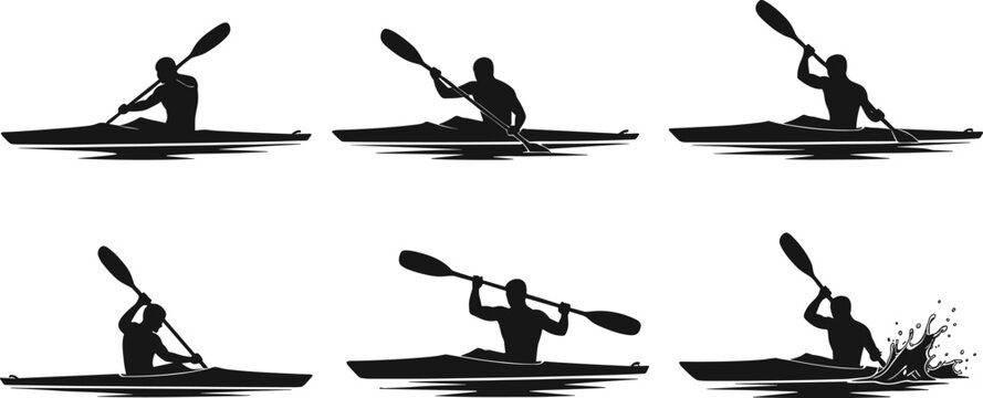 Silhouettes of Kayakers and Paddlers, Vector Illustrations of Men in Kayaks Paddling Through Water, for Sports and Outdoor Activities