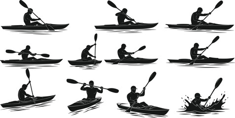 Silhouettes of Kayakers and Paddlers, Vector Illustrations of Men in Kayaks with Oars, for Sports and Outdoor Water Activities