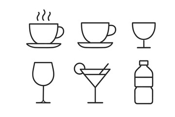 Simple line icons of various beverage containers: cups, glasses, and bottle