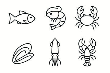 Outline icons of seafood: fish, shrimp, crab, mussel, squid, lobster