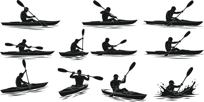 Silhouettes of Kayakers and Paddlers, Vector Illustrations of Men in Kayaks with Oars, for Sports and Outdoor Water Activities