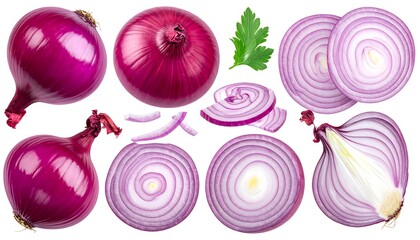 A collection of red onions presented in various forms whole, sliced, and halved, with a sprig of greenery