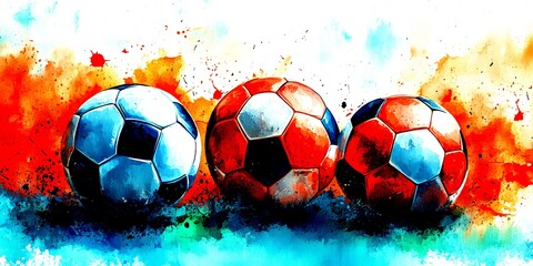 Colorful soccer balls arranged in an artistic display on a textured background showcasing movement and energy - High Contrast