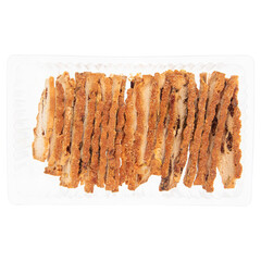 Sliced raisin bread in plastic container freshly baked and ready to eat