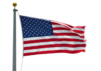 Isolated American flag blowing on flagpole, a symbol of freedom and democracy waving