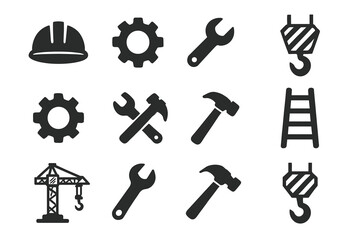 Obraz premium Construction tool icons: gear, wrench, hammer, ladder, crane hook