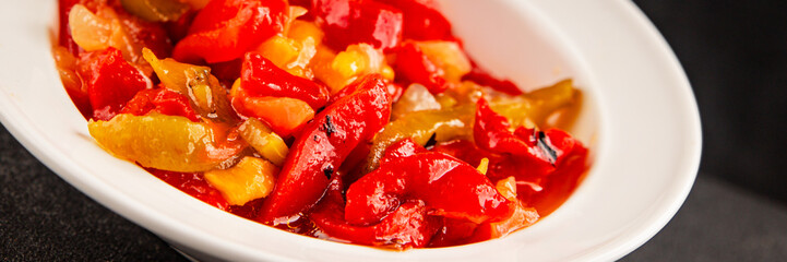 Roasted pepper salad vegetables dish natural product tasty snack fresh delicious gourmet food background on the table rustic top view copy space keto and paleo diet vegan and vegan food
