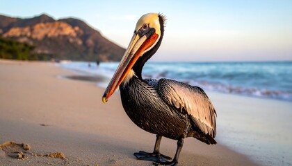 A large brown pelican stands on a sandy beach, facing towards the viewer with mountains in the background at dawn