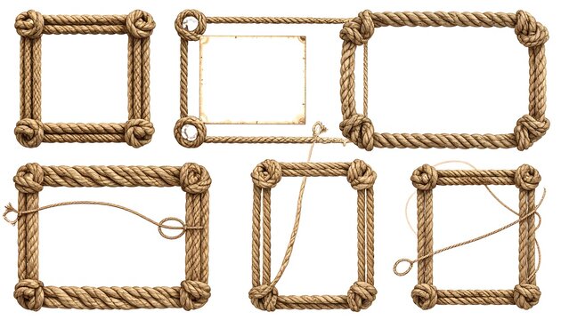A collection of seven empty, rectangular frames crafted from thick, textured ropes with intricate knots at each corner