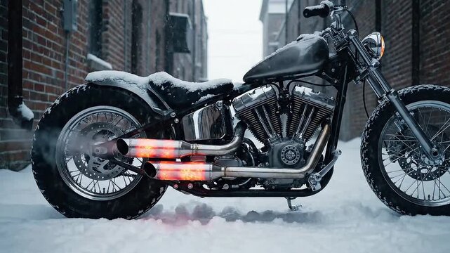 Powerful motorcycle engine roars to life in snowy urban alleyway with glowing exhausts