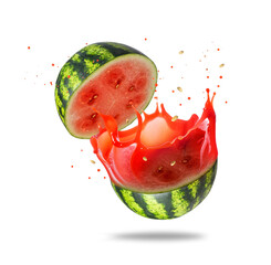 Fresh ripe watermelon cut in half with splashes of juice and scattered seeds