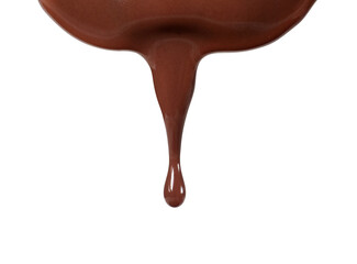 Melted chocolate drop dripping down on a transparent background. Smooth brown liquid with glossy texture, delicious dessert concept