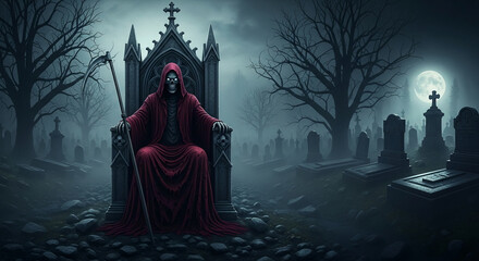 Image of skeleton in red robe sitting on gothic throne in graveyard under full moon, symbolizing mortality, power, and the afterlife