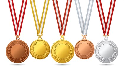 A collection of shiny achievement medals, each with a different color, hung by striped ribbons against a pure white background
