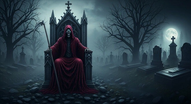 Image of skeleton in red robe sitting on gothic throne in graveyard under full moon, symbolizing mortality, power, and the afterlife