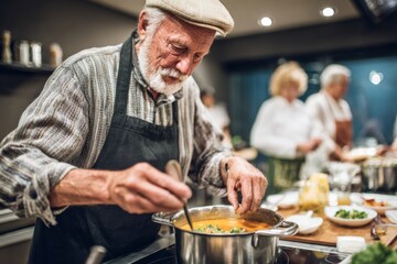 An elderly chef stirs a pot of soup on the stove in a sleek kitchen. Other participants engage in cooking activities, creating a warm and collaborative atmosphere