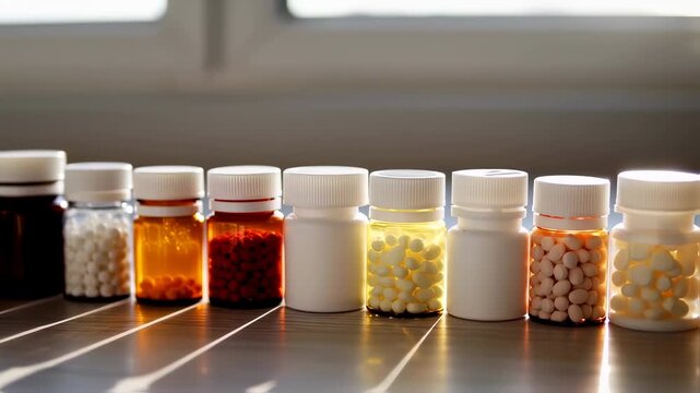 Several pill bottles of various colors, containing small round pills, sit in a row on a light-colored surface.  Sunlight casts shadows