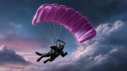 A black cat flying through the sky with a pink parachute