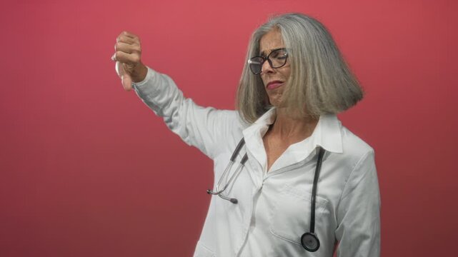 Grey haired middle aged woman doctor with stethoscope shows a thumbs down gesture in pink studio; disapproval professional concern.