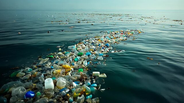 High angle static shot: Plastic bottles and other waste pollute the ocean. Environmental pollution problem.